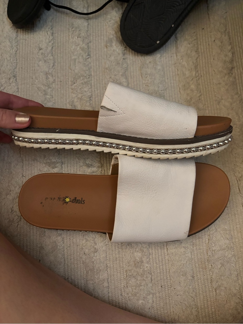 White Slide Sandals with Decorative Bead Trim - Women
